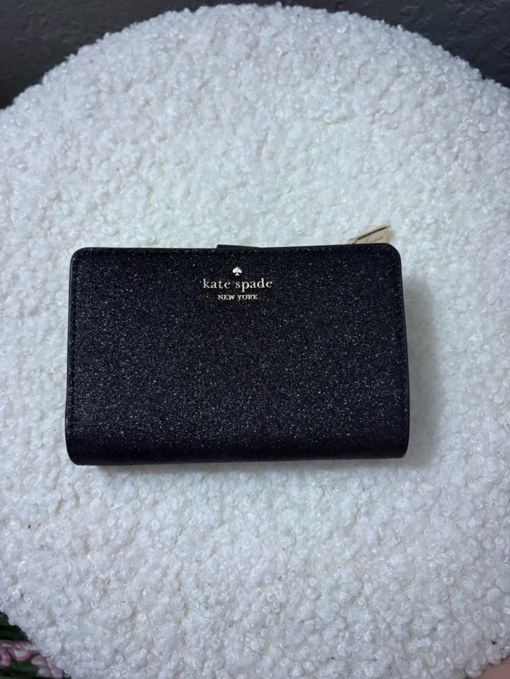 kate spade New York Black Glitter Compact Zip Wallet
